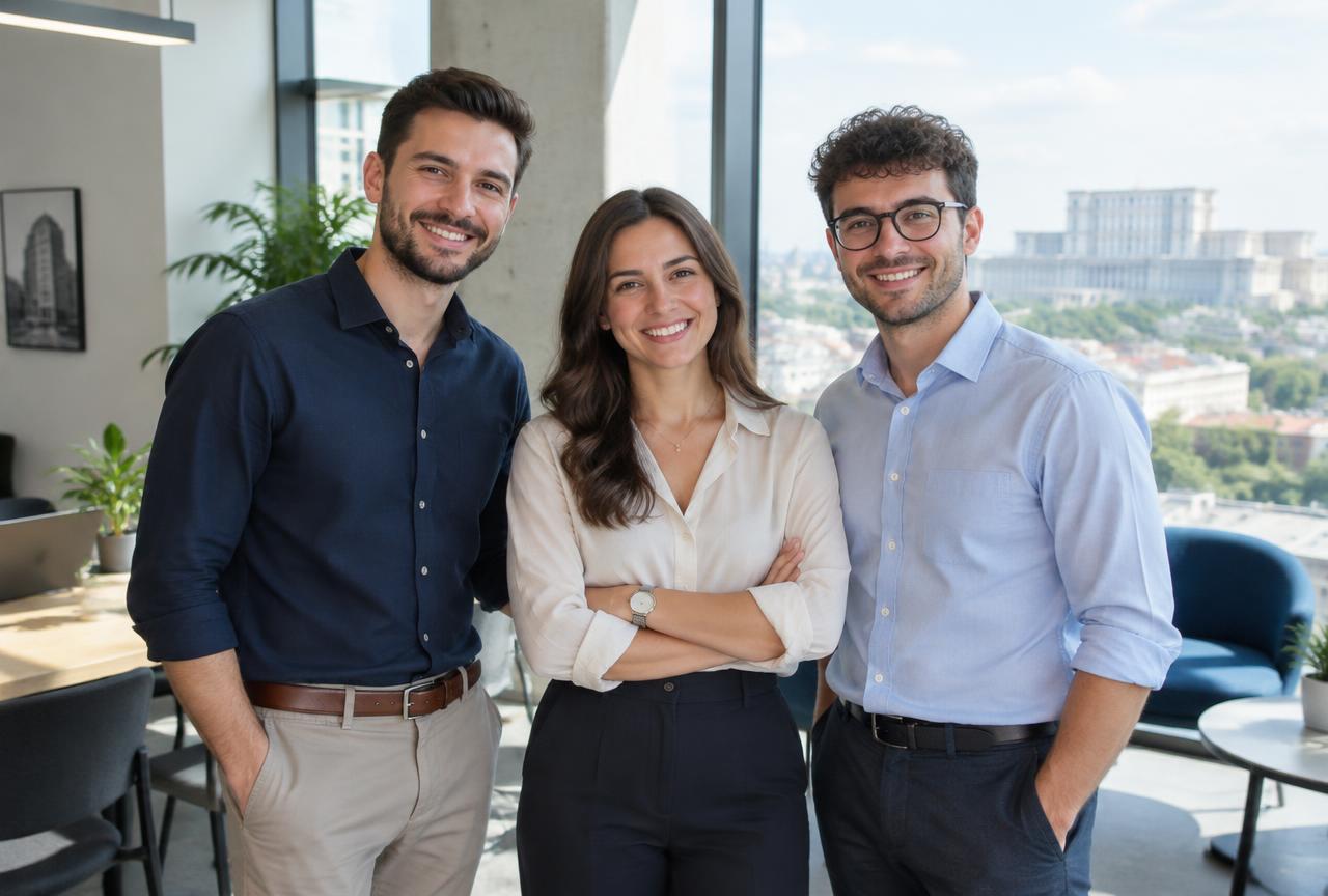A team collaborating in a bright Bucharest office